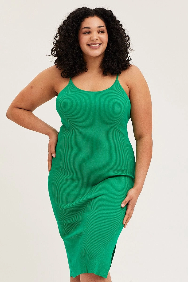 Green Midi Knit Bodycon Dress Scoop Neck Sleeveless Bow-Detail