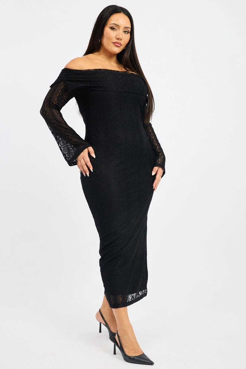 Seasonal Layering NonIrritatingLining Black Lace Off Shoulder Dress