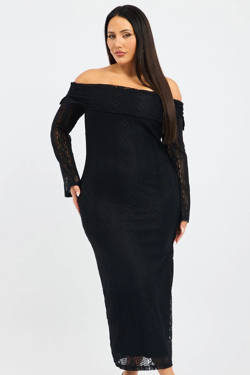 Black Lace Off Shoulder Dress Scalloped-Edge