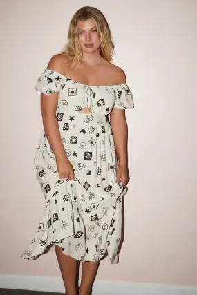 Clean Grace Satin Soft Beige Abstract Midi Dress Short Sleeve Ruched Bust