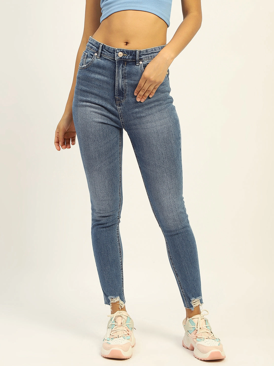 Madame Skinny Fit Raw Hem Cotton Light Blue Denim Barrel Leg Construction