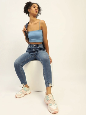 Madame Skinny Fit Raw Hem Cotton Light Blue Denim High-Quality Fabric Clean Fit