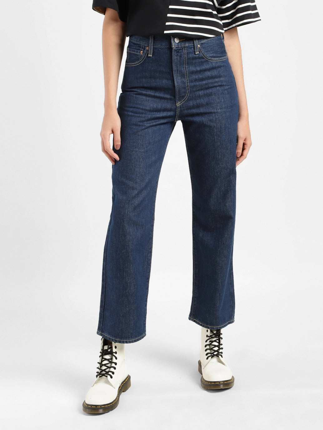 Women's Navy Blue Ribcage Straight Ankle Fit Mid Rise Jeans Light Stretch