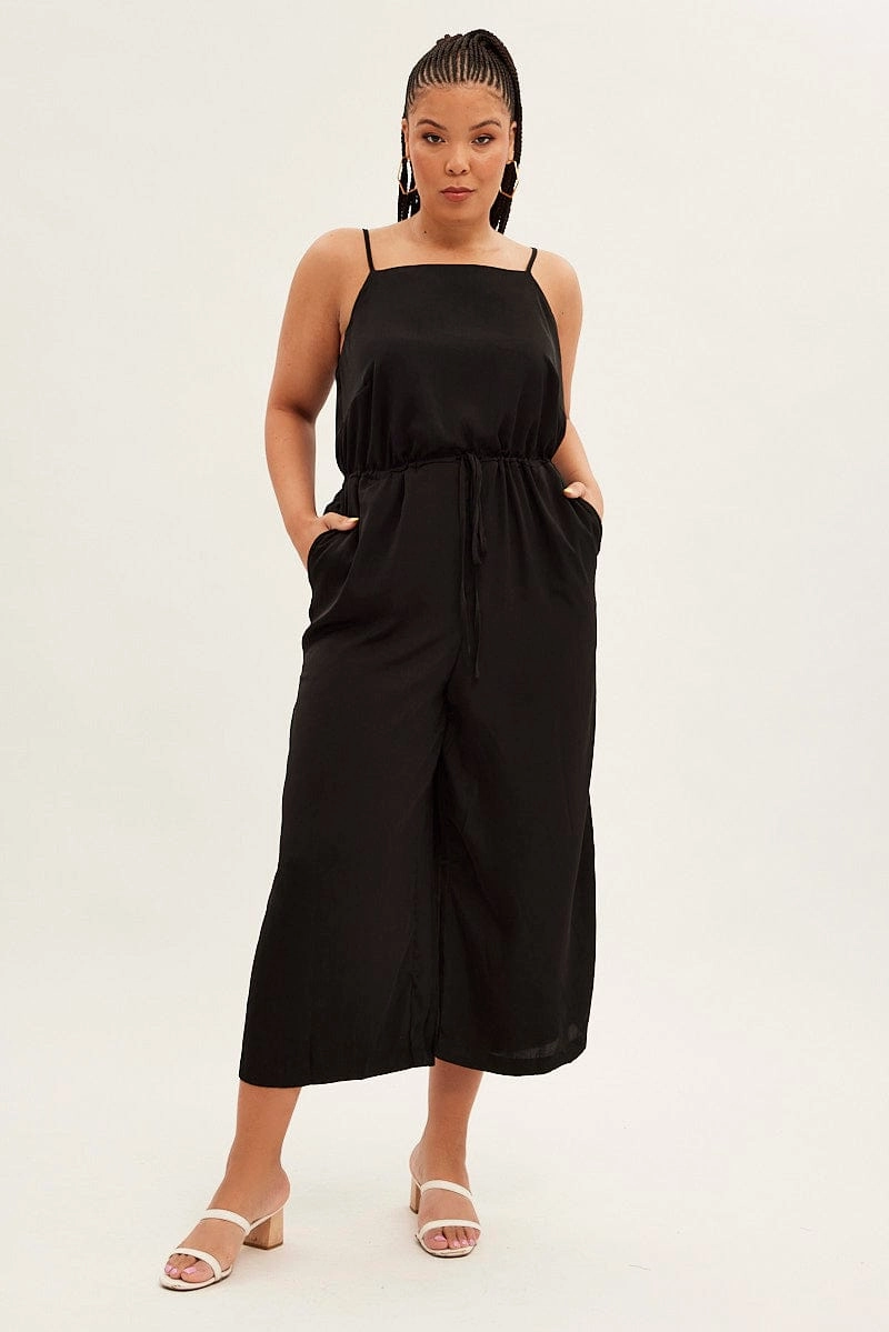 Lightweight Fabric Black Strappy Jumpsuit High Neck Party Matte Satin