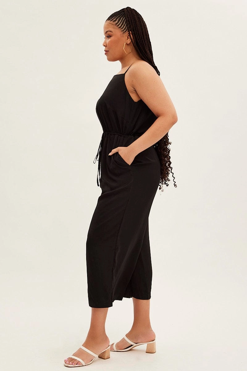 All Season Black Strappy Jumpsuit High Neck Party Matte Satin