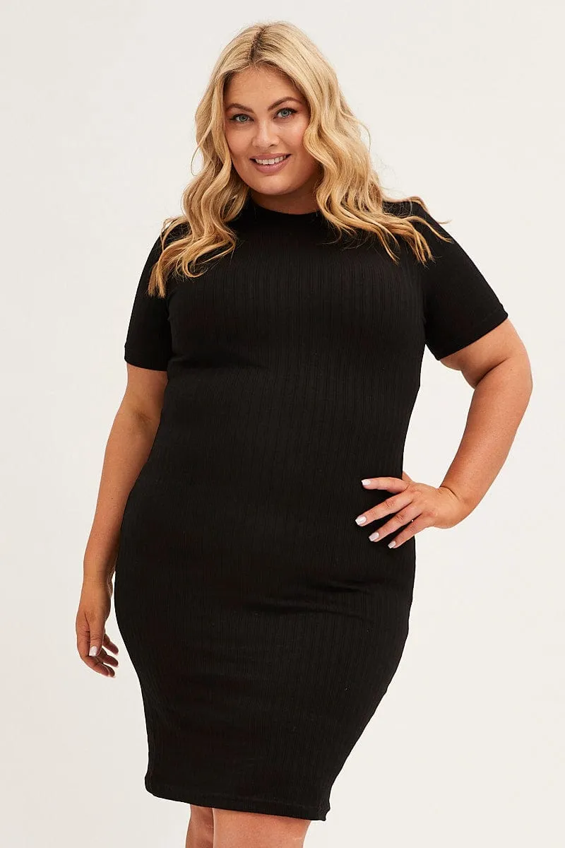 Stylish Waistband Black Midi Dress Short Sleeve Rib Jersey Bodycon