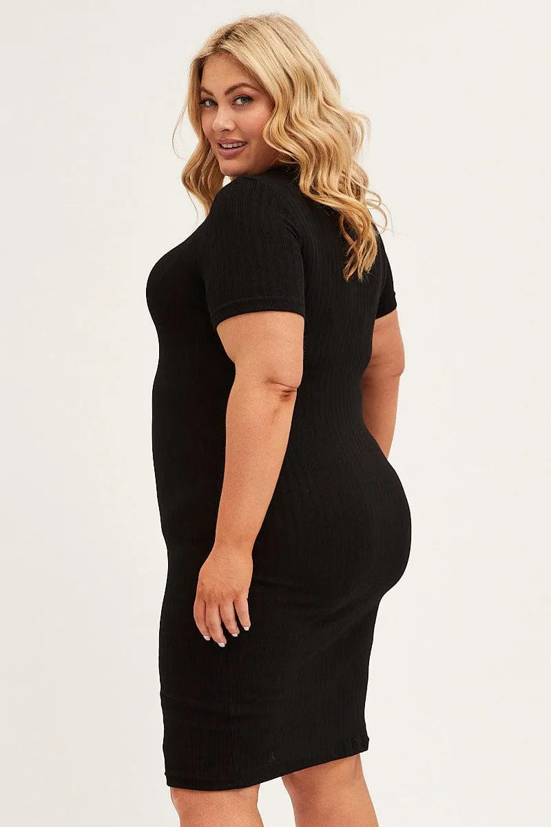 Waist Seam Comfortable Waist Black Midi Dress Short Sleeve Rib Jersey Bodycon
