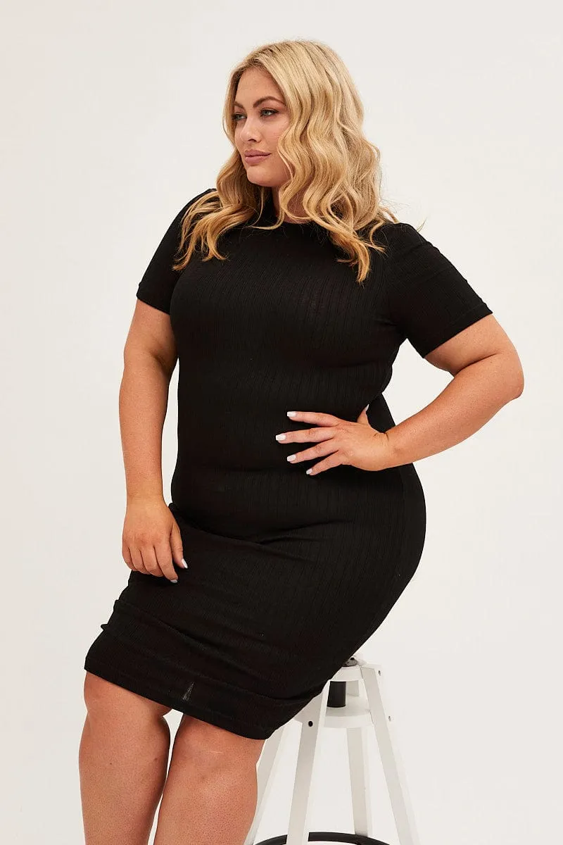 Black Midi Dress Short Sleeve Rib Jersey Bodycon Button Accent Romantic Mood
