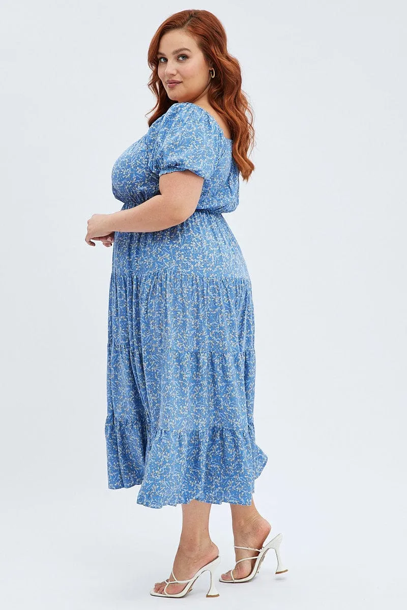 Elegant brunch outfit All Daywear Blue Ditsy Midi Dress Off Shoulder Tie Front Layered Skirt