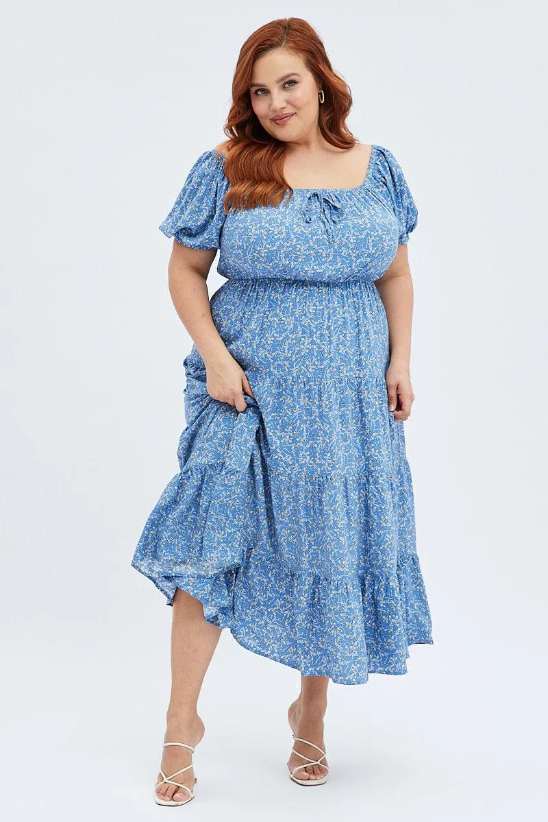 Subtle pattern Year Round Blue Ditsy Midi Dress Off Shoulder Tie Front Layered Skirt