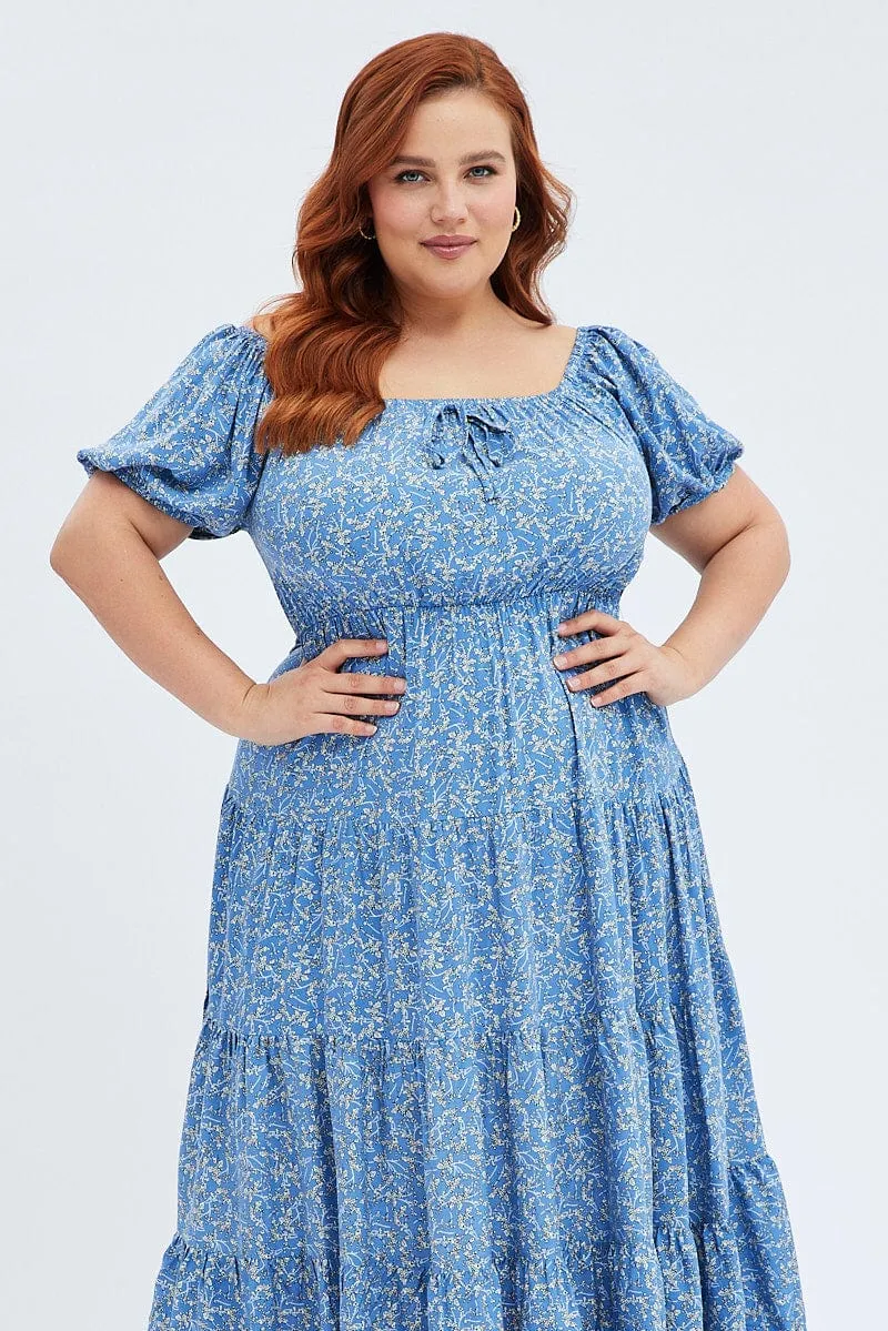 Layering Piece Blue Ditsy Midi Dress Off Shoulder Tie Front Layered Skirt