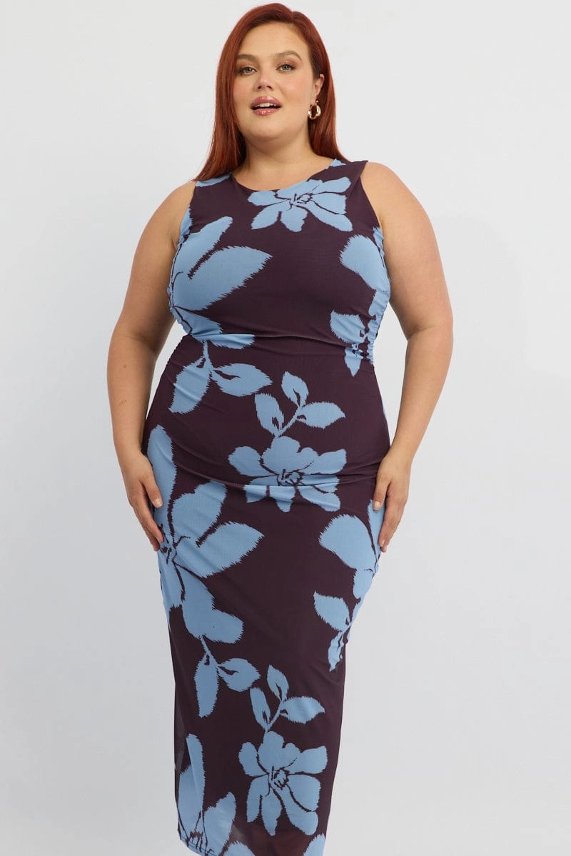 Beauty Zone Timeless Appeal Purple Abstract Bodycon Dress Round Neck Sleeveless Mesh