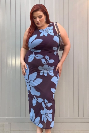 Purple Abstract Bodycon Dress Round Neck Sleeveless Mesh Subtle Touch