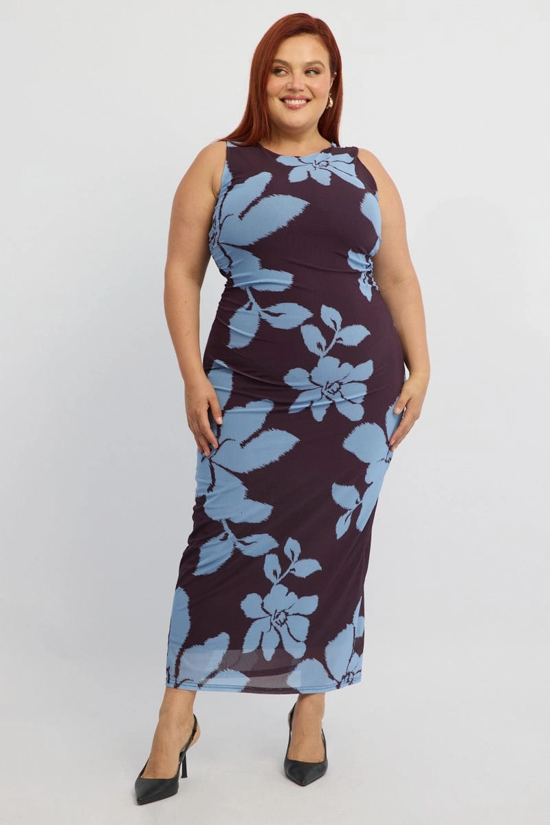 Purple Abstract Bodycon Dress Round Neck Sleeveless Mesh All-Season Comfort Feminine Structure