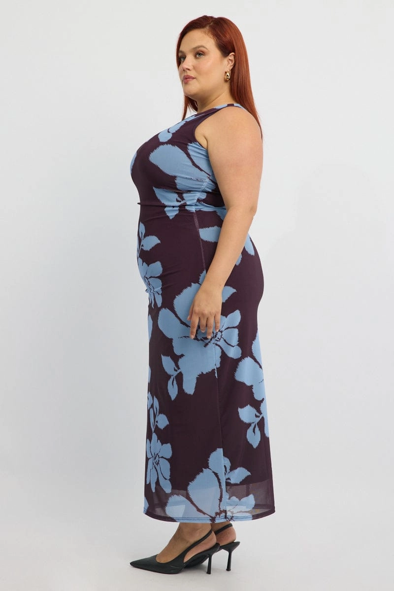 Trendy Comfort Purple Abstract Bodycon Dress Round Neck Sleeveless Mesh