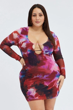 Multi Abstract Mesh Cutout Dress Long Sleeve Mini Length All-season garment