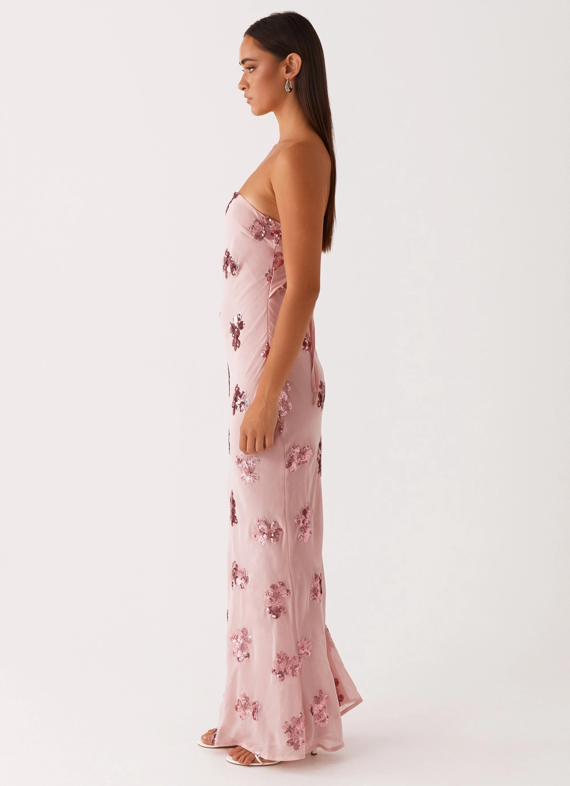 Chic Casual Wear Party Floral Sweet Escape Sequin Maxi Dress - Baby Pink