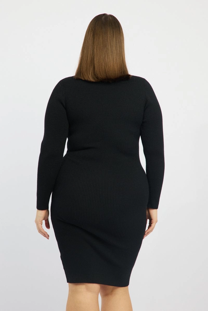 Black Midi Knit Bodycon Dress V-neck Long Sleeve Relax Layers