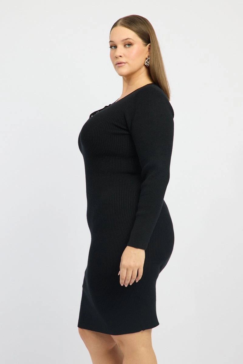Chic Appeal Compressible Black Midi Knit Bodycon Dress V-neck Long Sleeve