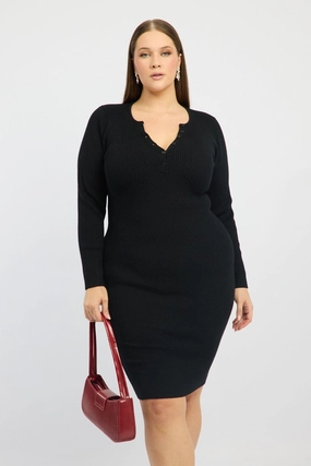 Textured Look Black Midi Knit Bodycon Dress V-neck Long Sleeve
