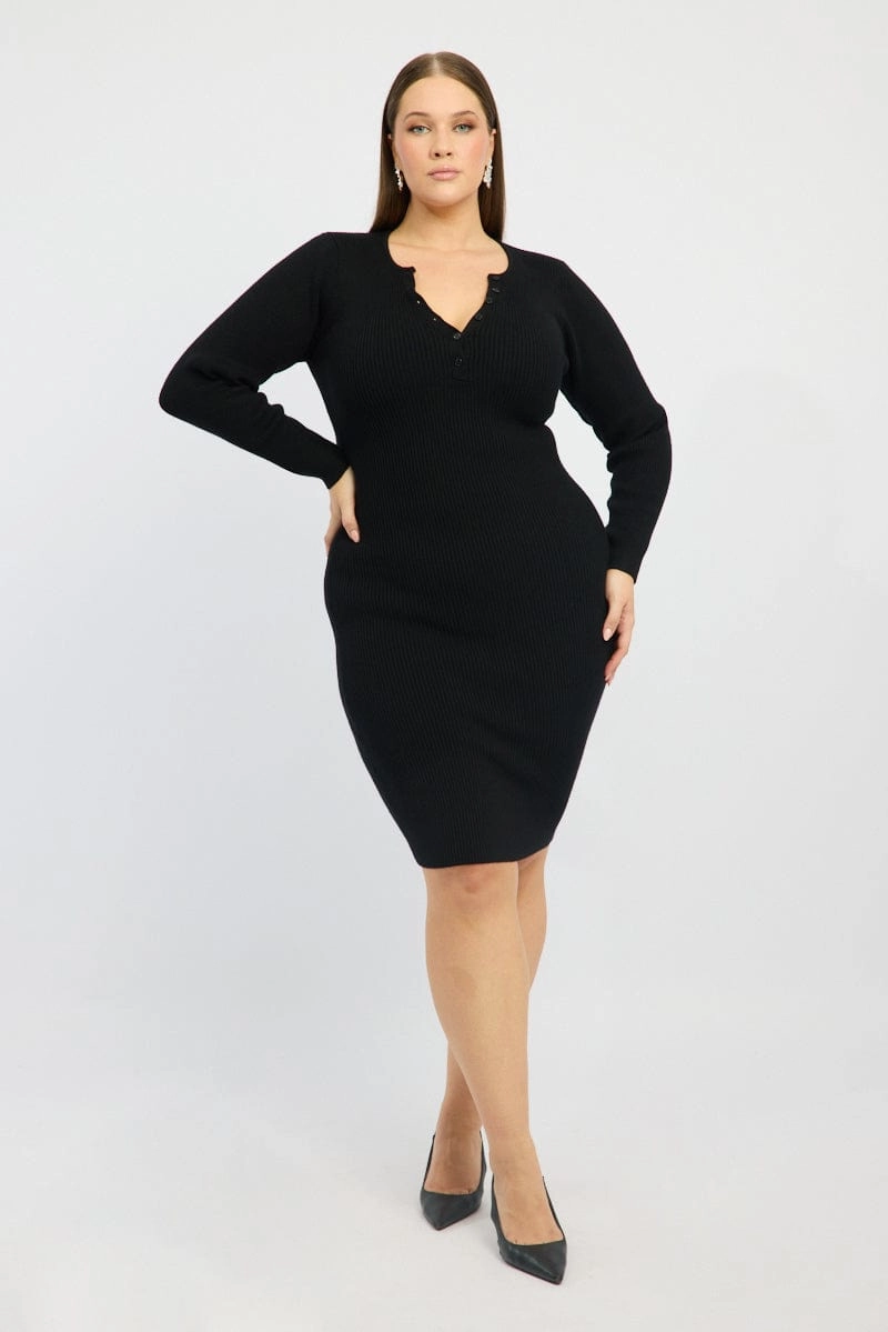 Feminine Structure Studio Style Black Midi Knit Bodycon Dress V-neck Long Sleeve