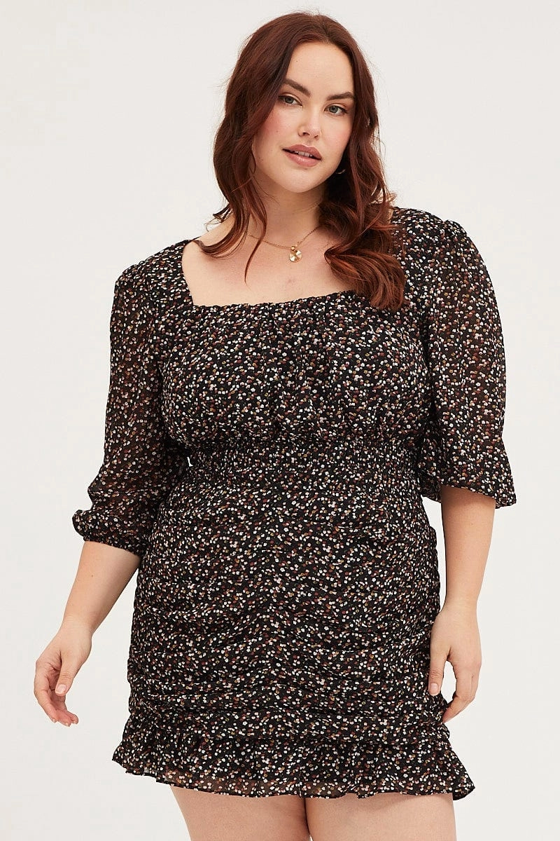 Shape Hug Vintage Vibe Floral Print Skater Dress Square Neck Long Sleeve