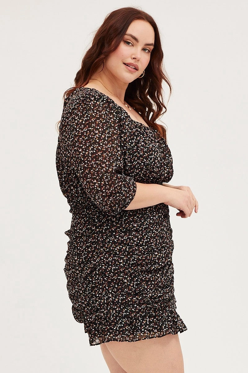 Wide Hemline Motion Light Floral Print Skater Dress Square Neck Long Sleeve