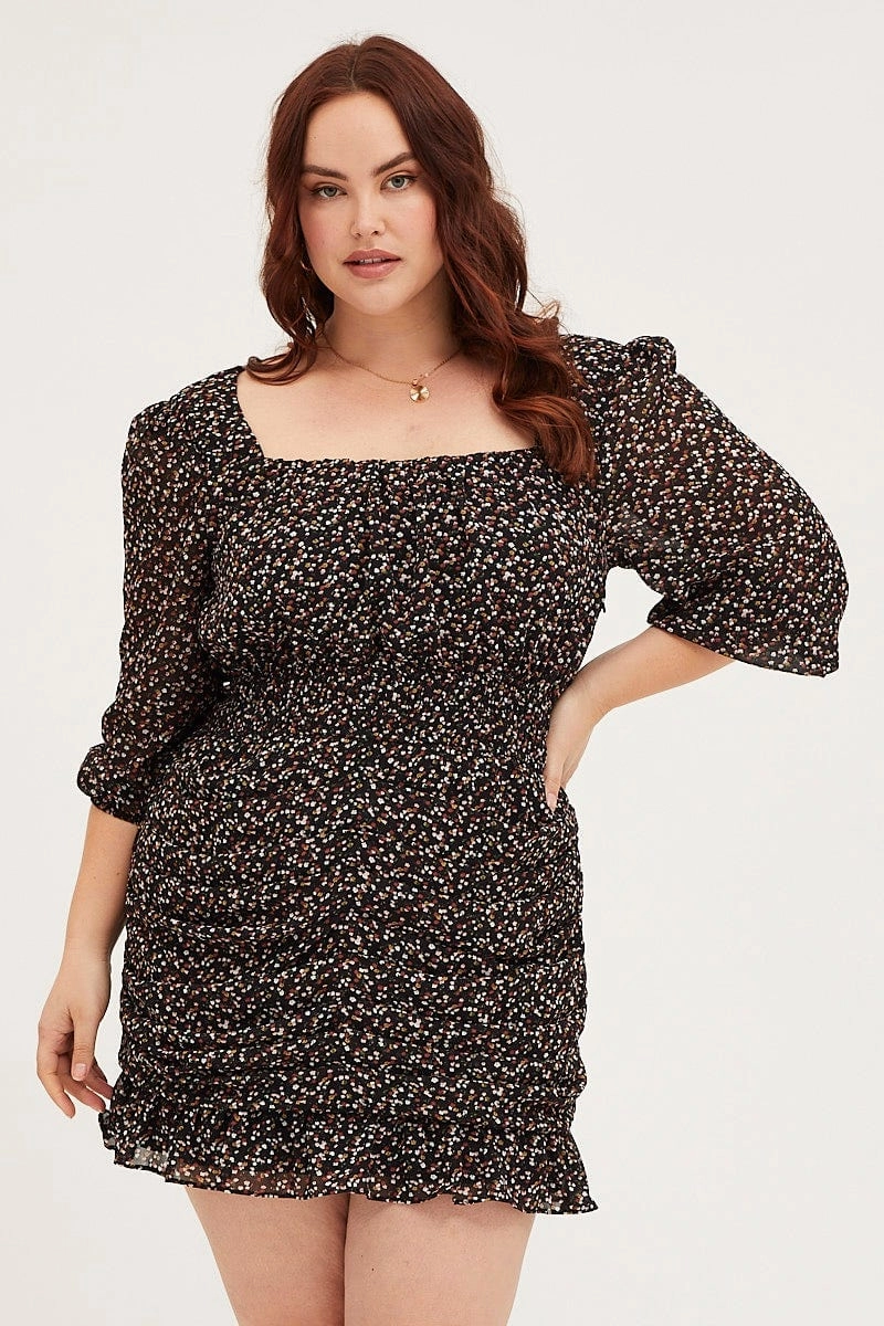 Floral Print Skater Dress Square Neck Long Sleeve Harmonious Layers