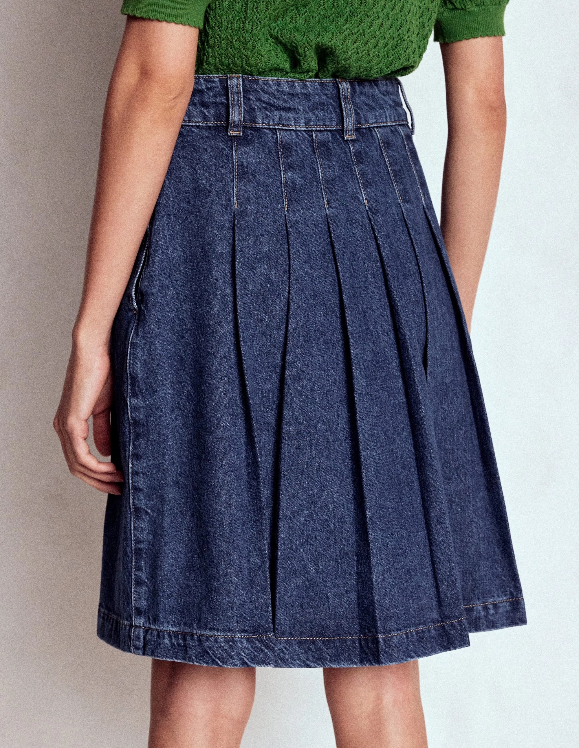 Pleated Denim Skirt-Mid Wash Wool blend