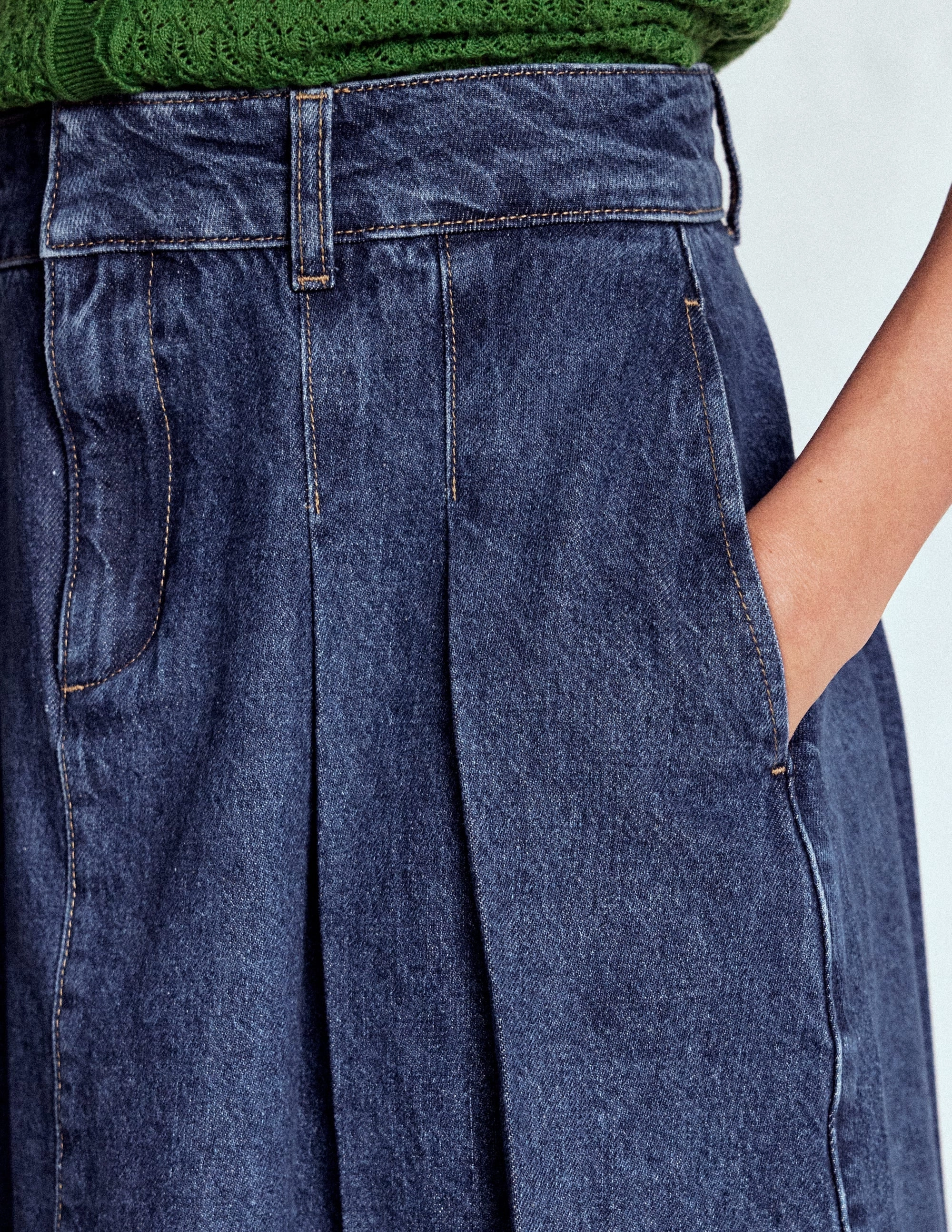 Pleated Denim Skirt-Mid Wash Dance Practice Sustainable Innovation