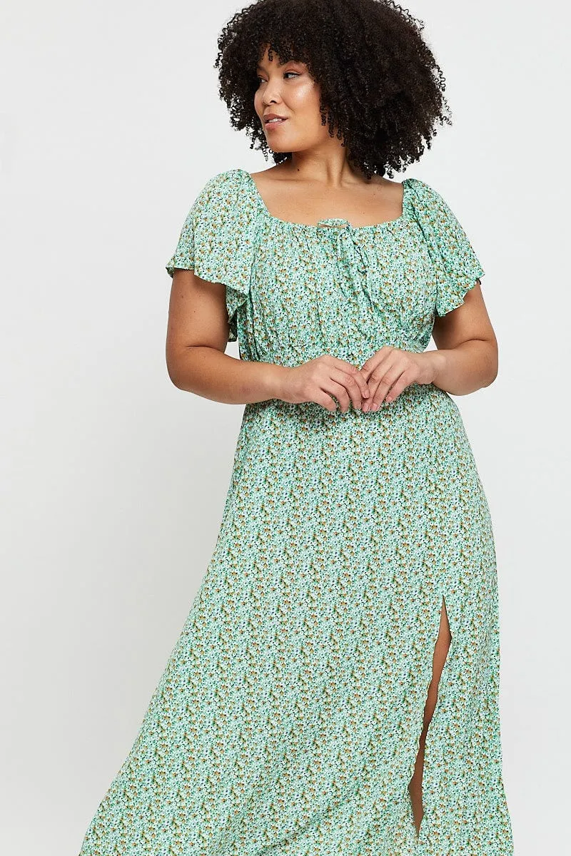 Ditsy Print Midi Dress Scoop Neck Short Sleeve Front Split Sporty-Look Feminine Energy