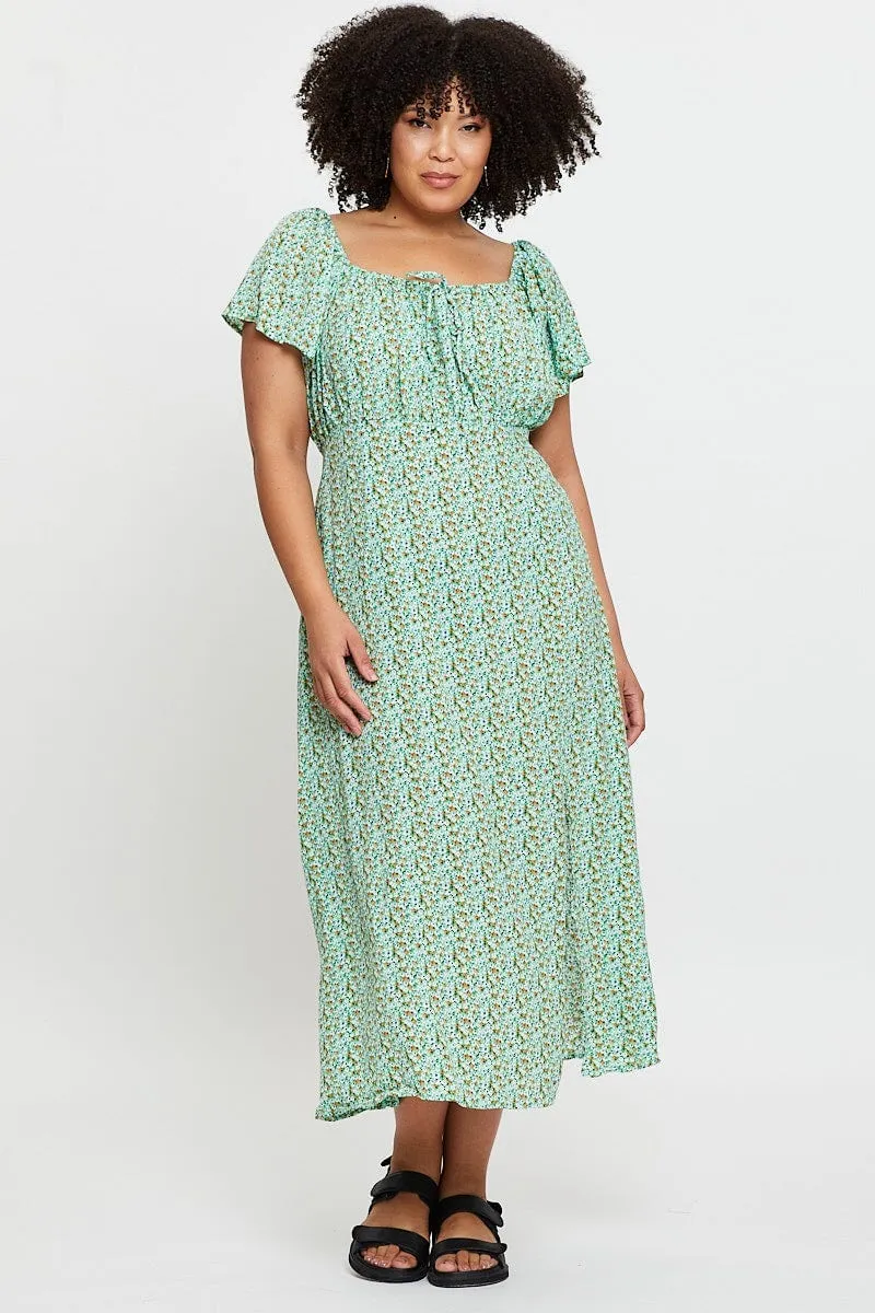 garden party Ditsy Print Midi Dress Scoop Neck Short Sleeve Front Split