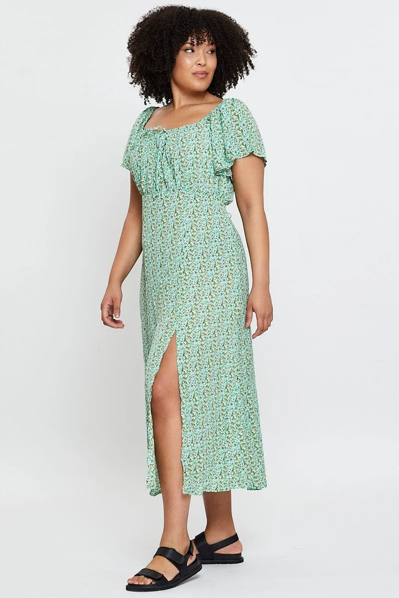 Ditsy Print Midi Dress Scoop Neck Short Sleeve Front Split NonSlipClosure