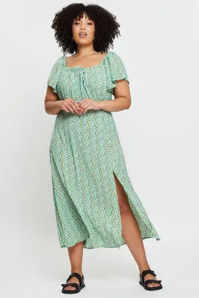 Ditsy Print Midi Dress Scoop Neck Short Sleeve Front Split Classic Waistband everyday elegance