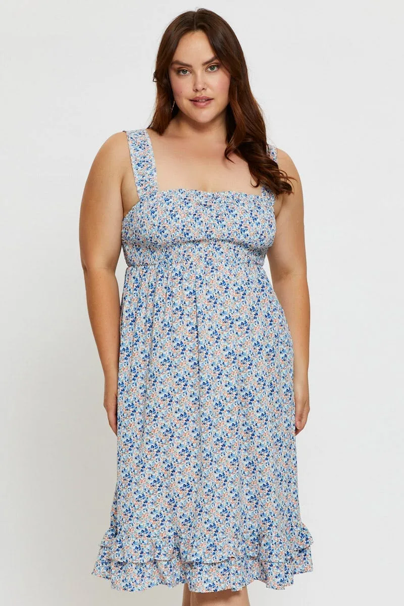 Dreamy Flow Lace Ease Ditsy Print Midi Dress Scoop Neck Sleeveless