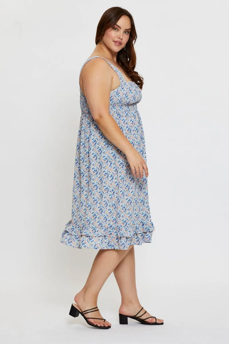 Indoor Event Ditsy Print Midi Dress Scoop Neck Sleeveless