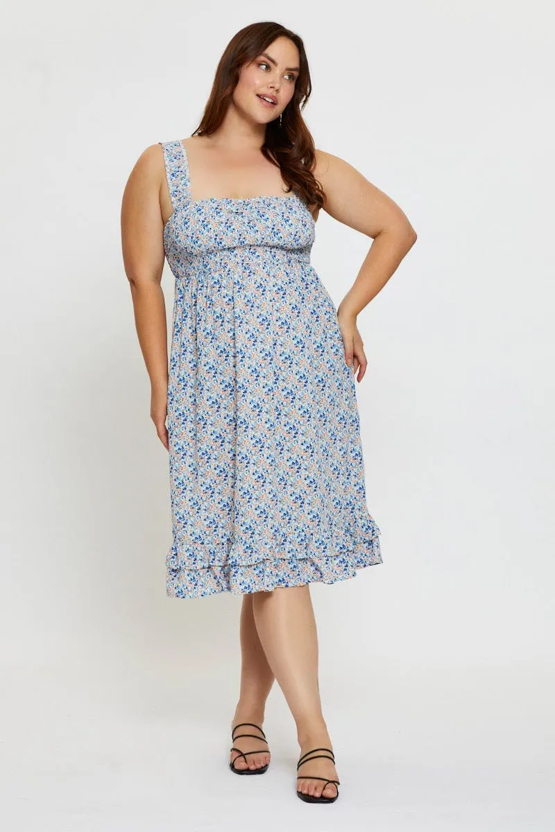 Easy Layering Piece Ditsy Print Midi Dress Scoop Neck Sleeveless