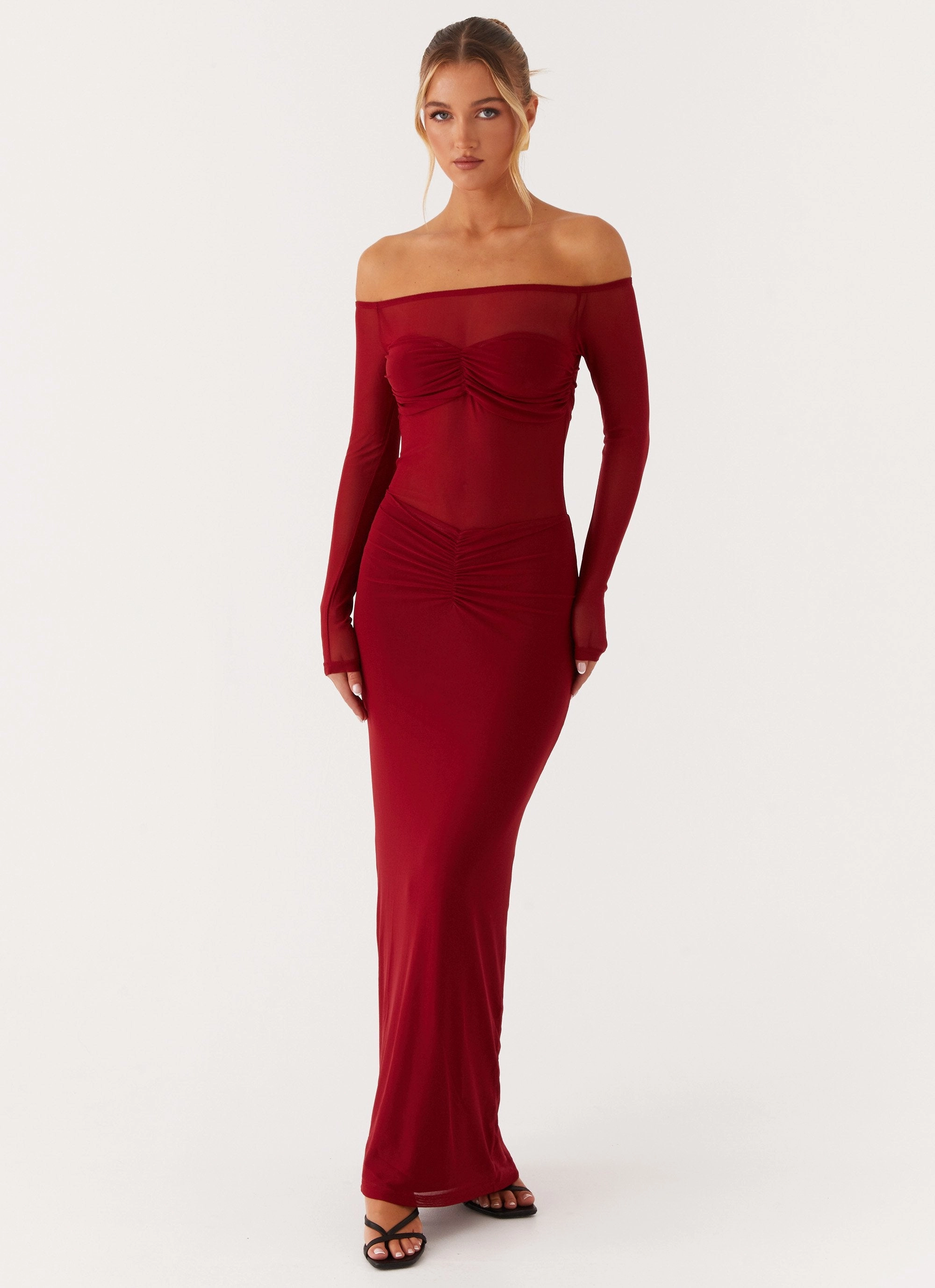 Divine Beauty Mesh Maxi Dress - Maroon Hip-Flattering