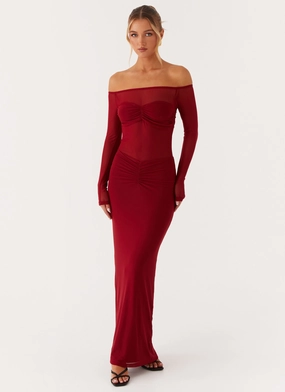 Divine Beauty Mesh Maxi Dress - Maroon Hip-Flattering