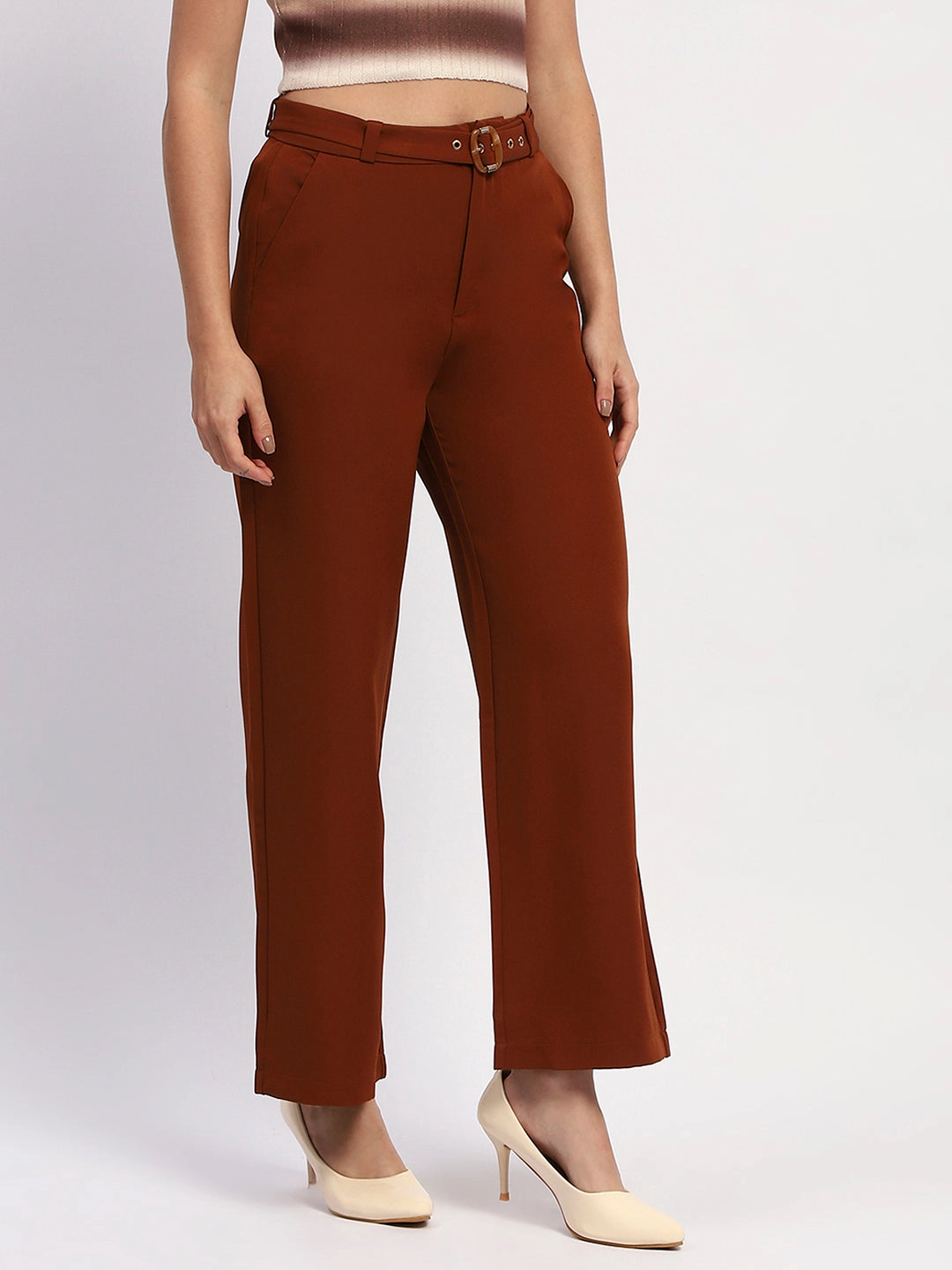 Basic Utility Madame Belted Straight Fit Solid Rust Trousers