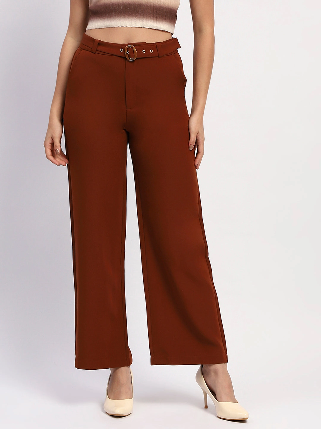 Madame Belted Straight Fit Solid Rust Trousers Stretch Flex Quick Flex