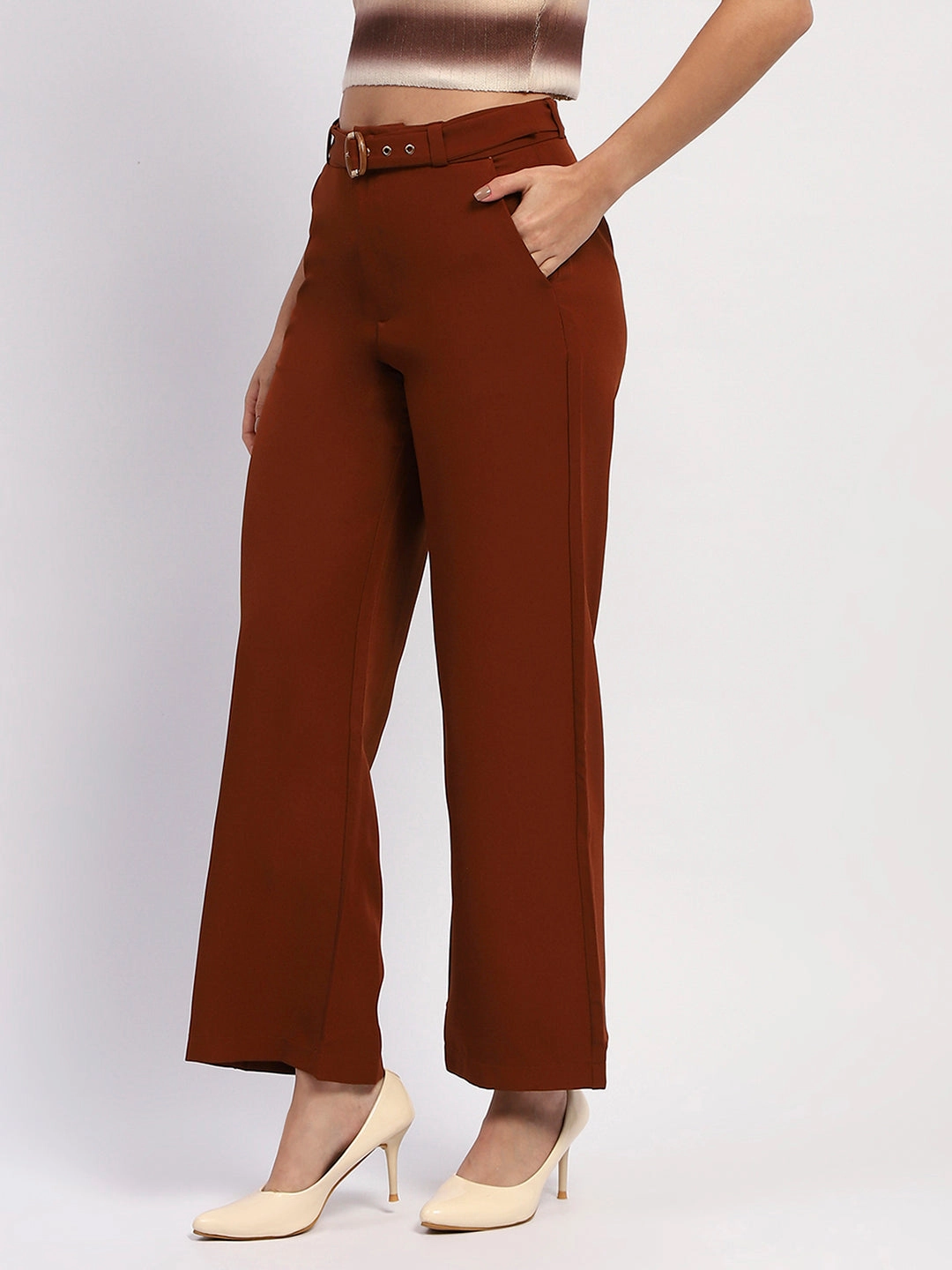 Layer Fit Packable Fit Madame Belted Straight Fit Solid Rust Trousers