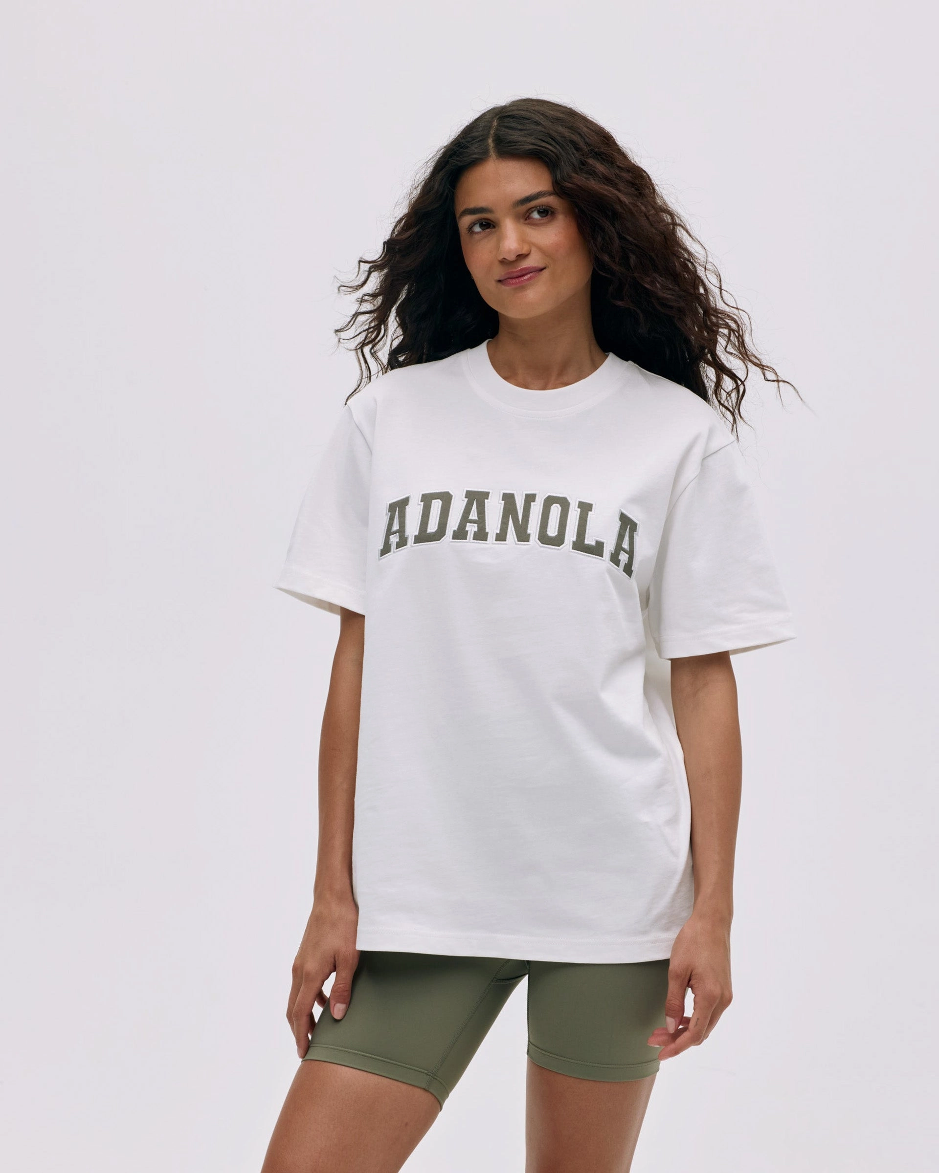 Varsity Short Sleeve Oversized T-shirt - White/Olive Green Garment Washed EasyCareFabric