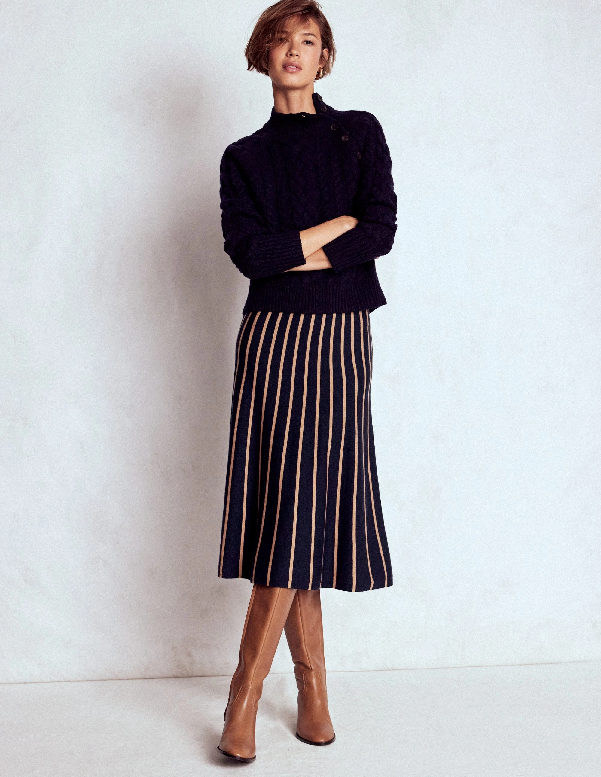 Liz Knitted Midi Skirt-Navy and Camel Stripe Soft Tones garden party