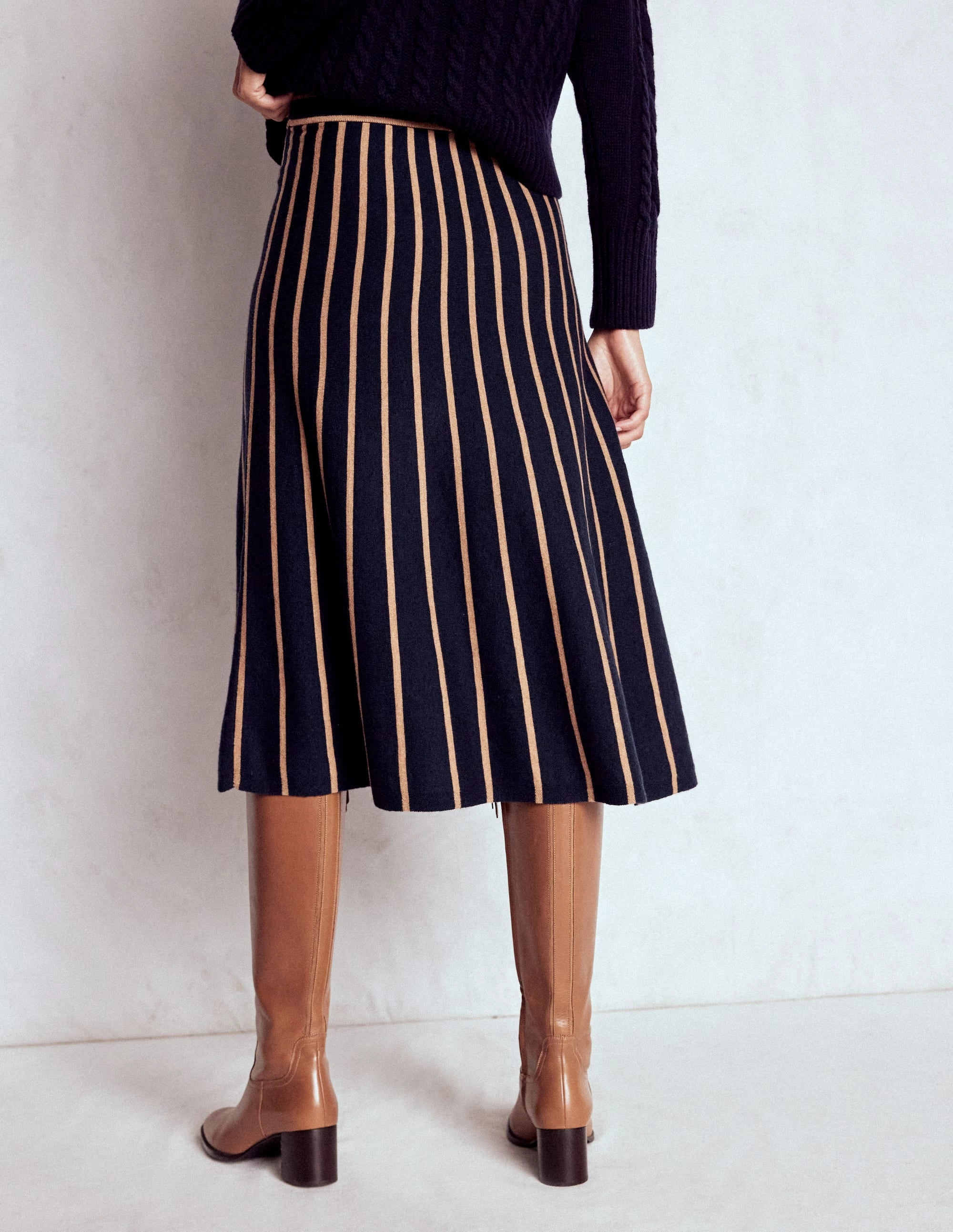 Liz Knitted Midi Skirt-Navy and Camel Stripe Global Inspiration
