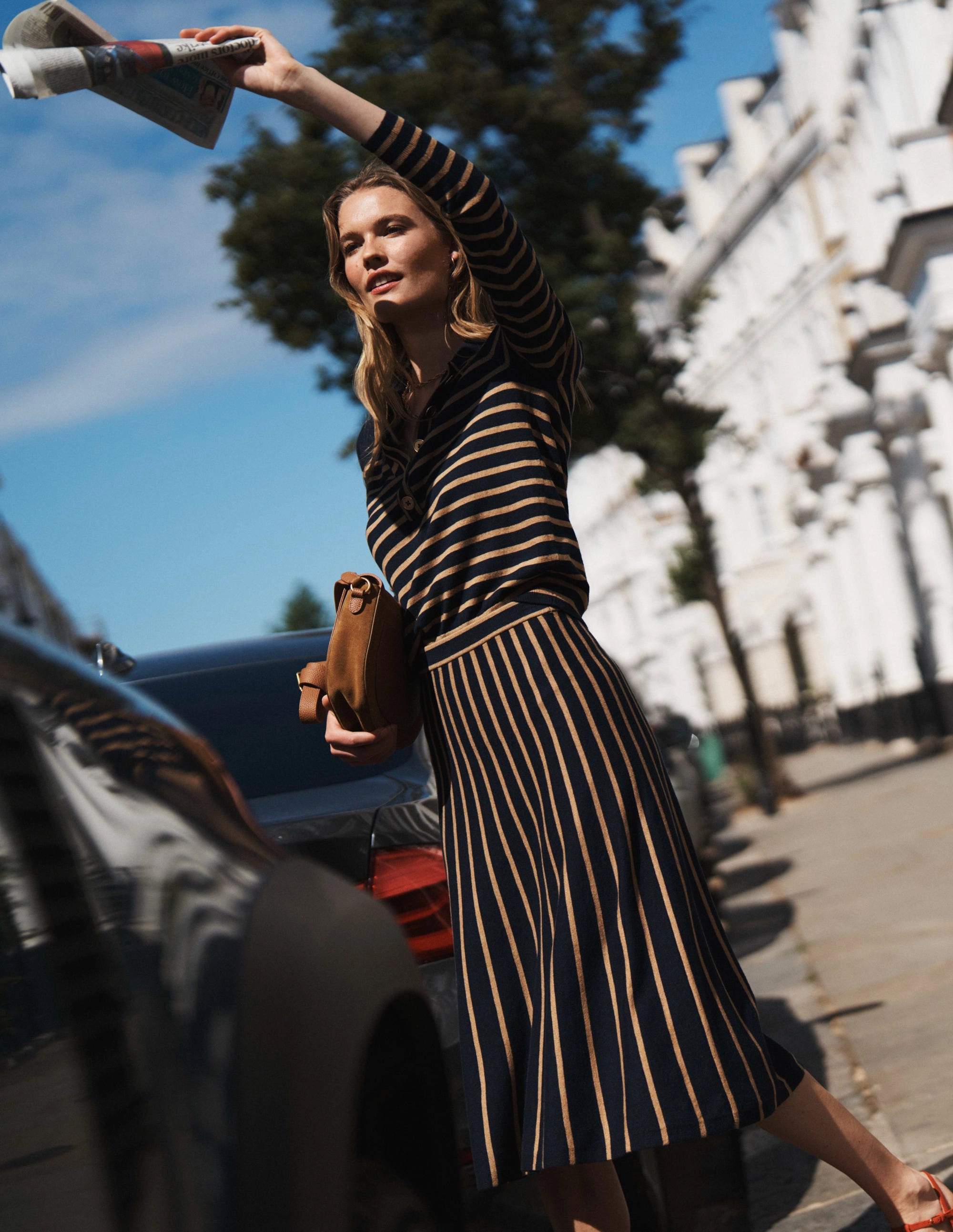 Liz Knitted Midi Skirt-Navy and Camel Stripe Tapered Cut