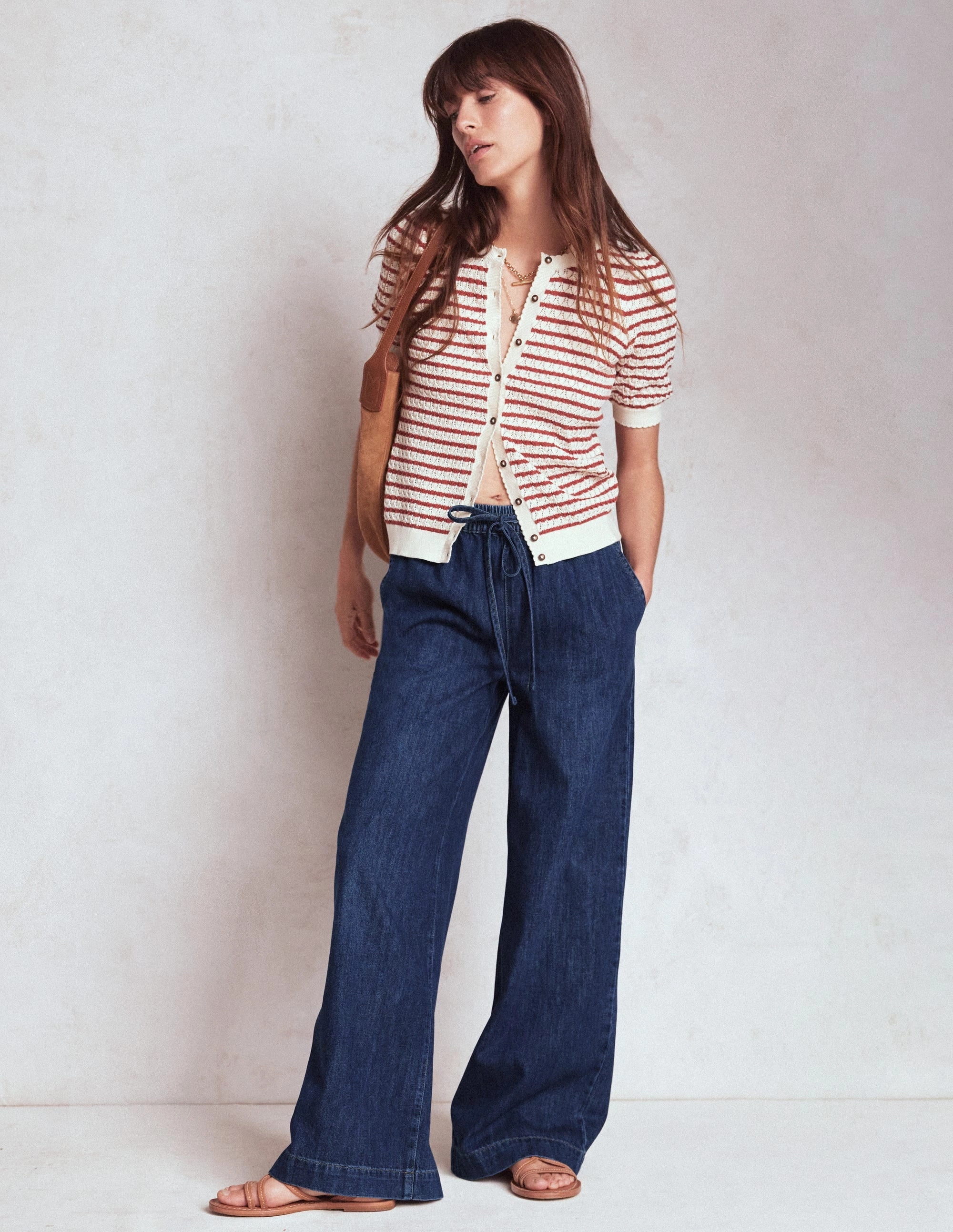 Drawcord Denim Trousers-MID WASH Premium Look