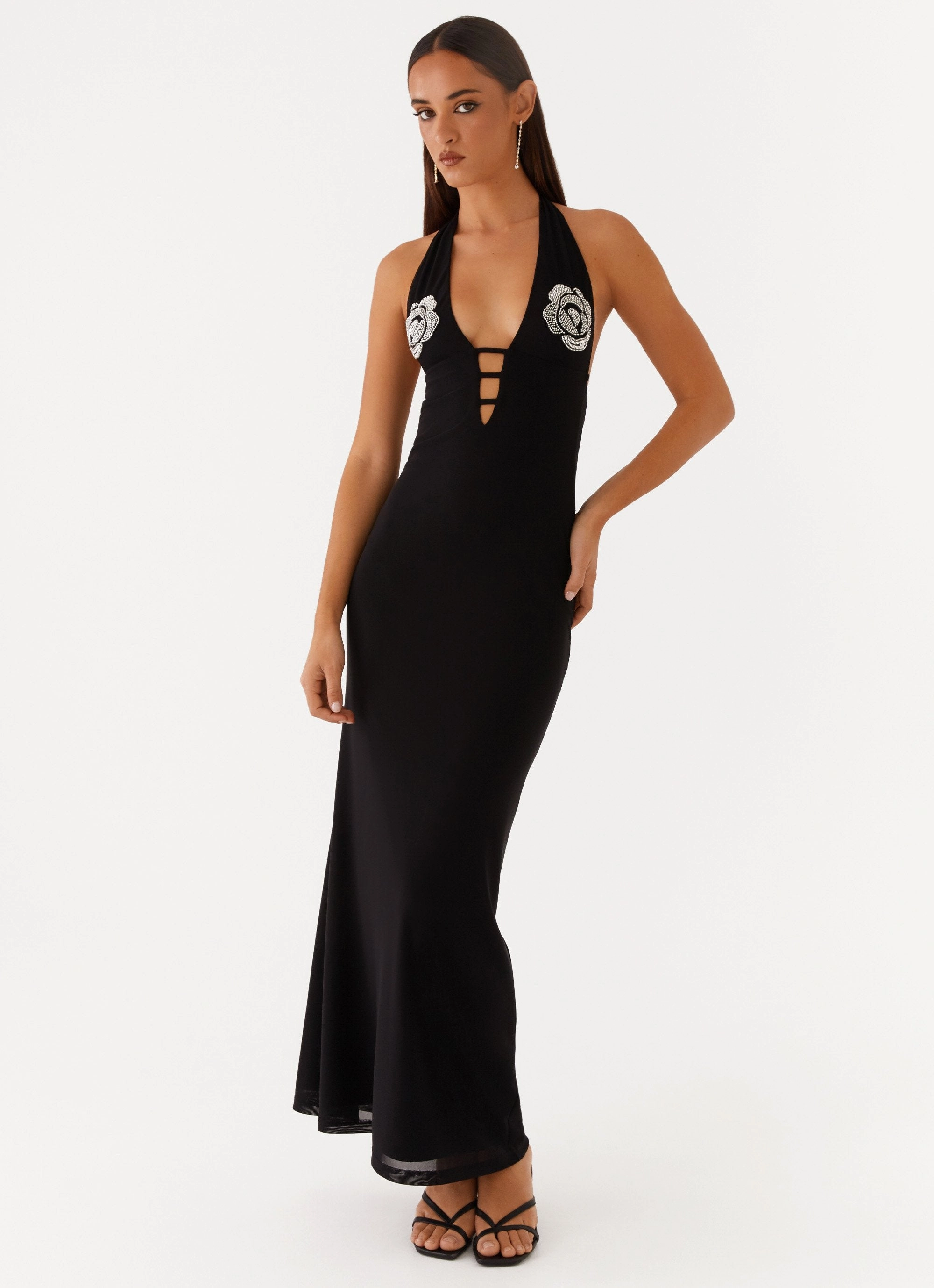 Floral Comfort Polina Beaded Halterneck Maxi Dress - Black