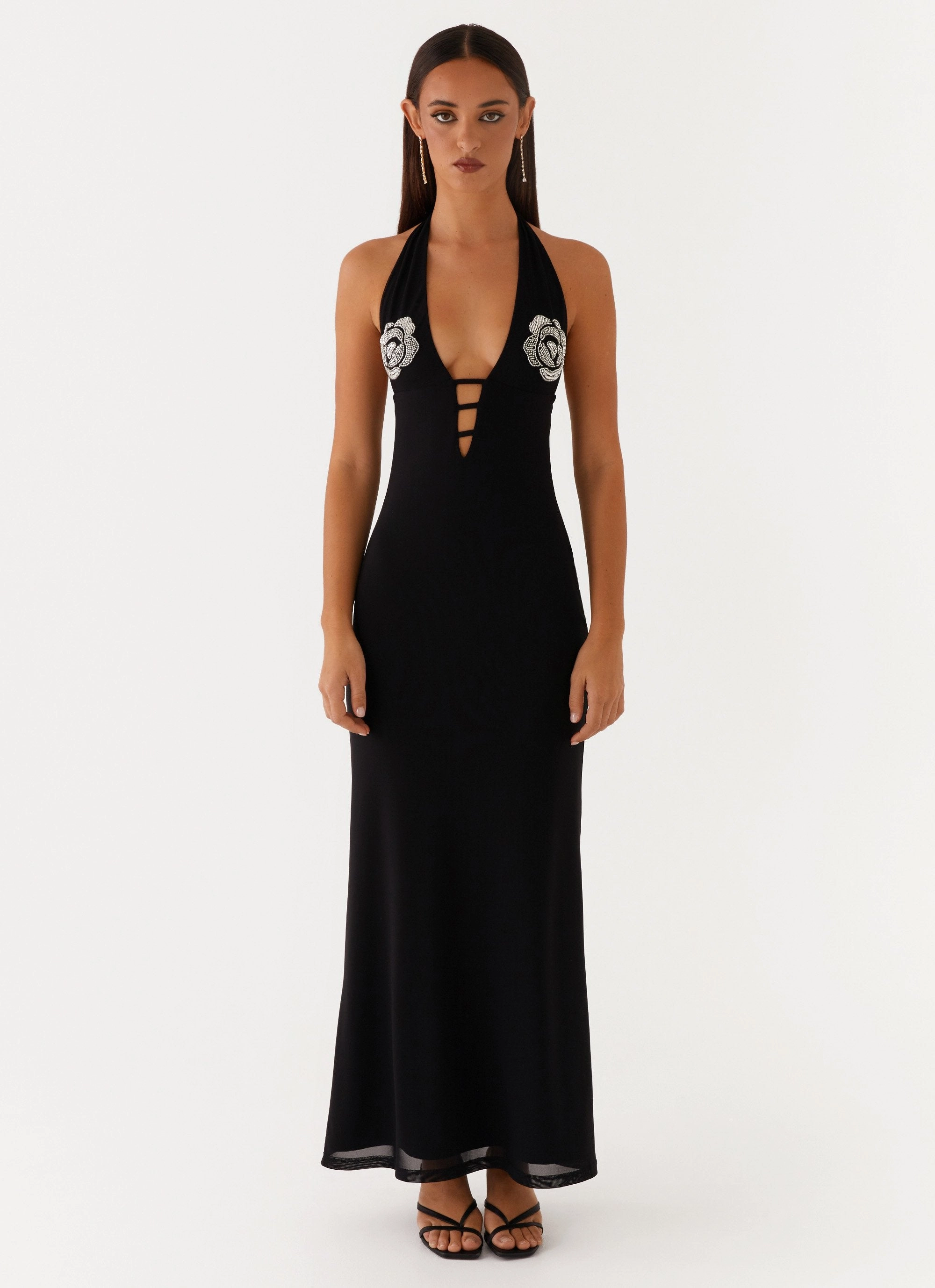 Polina Beaded Halterneck Maxi Dress - Black Chic Tone Skin Touch