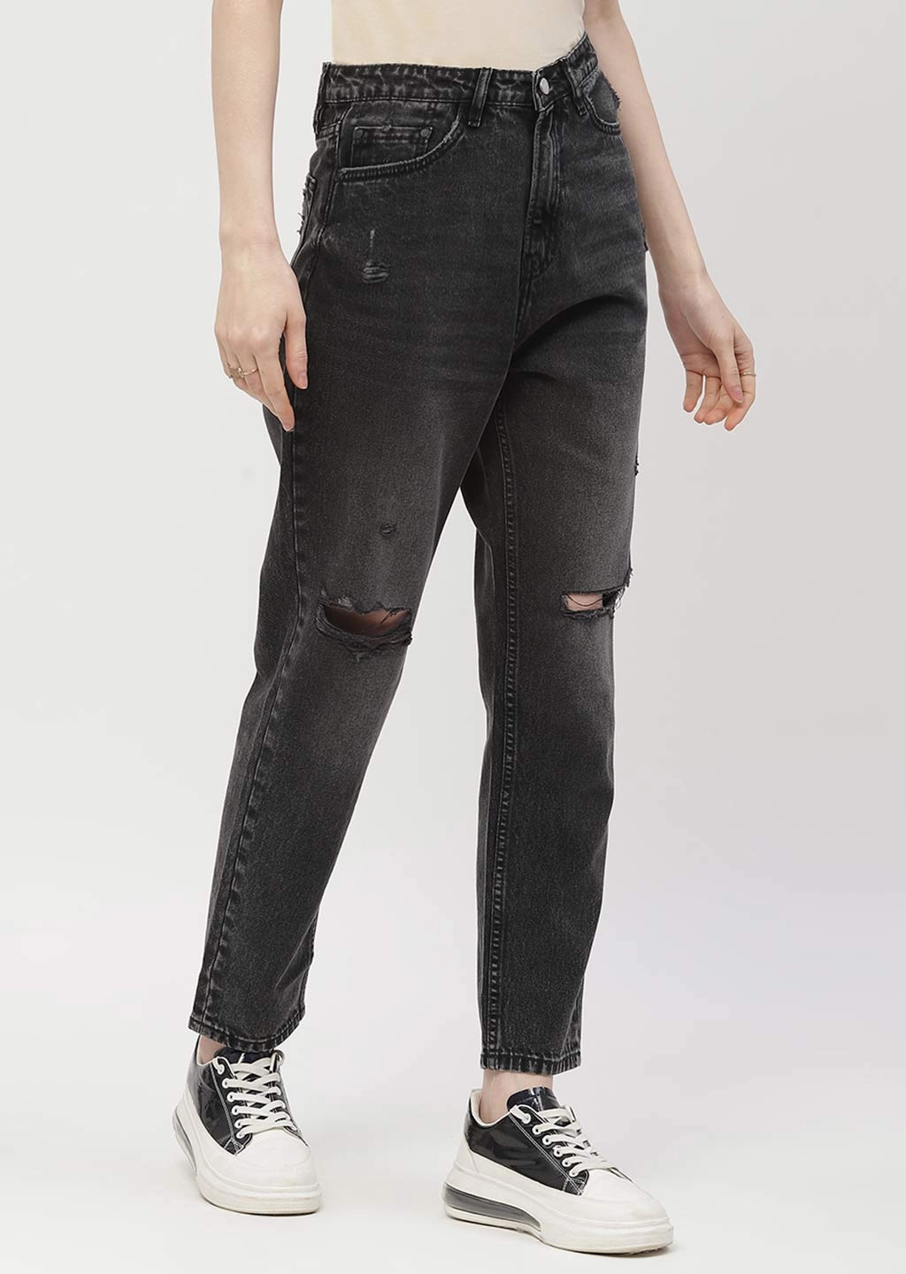 Madame Distressed Black Mom Fit Jeans Daily Wear Breathable Classic Relaxed Look